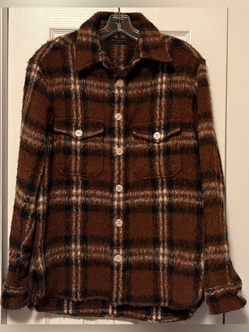 AllSaints Royodo Brown Plaid Fuzzy Textured Heavy Shirt Jacket Shacket Small S M